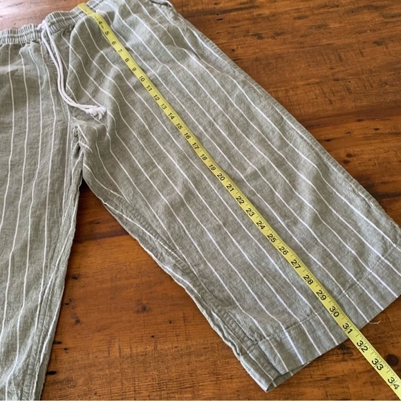 Beachlunchlounge Olive Green Striped Linen Cotton Drawstring Cropped Pant Sz L - Picture 8 of 9